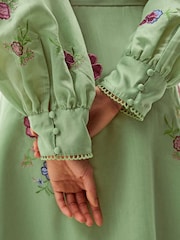 Monsoon Green Orla Floral Embroidered Midi Shirt Dress - Image 4 of 5