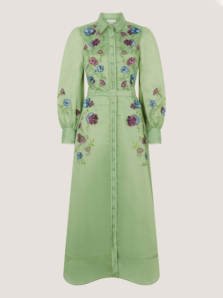 Monsoon Green Orla Floral Embroidered Midi Shirt Dress - Image 5 of 5