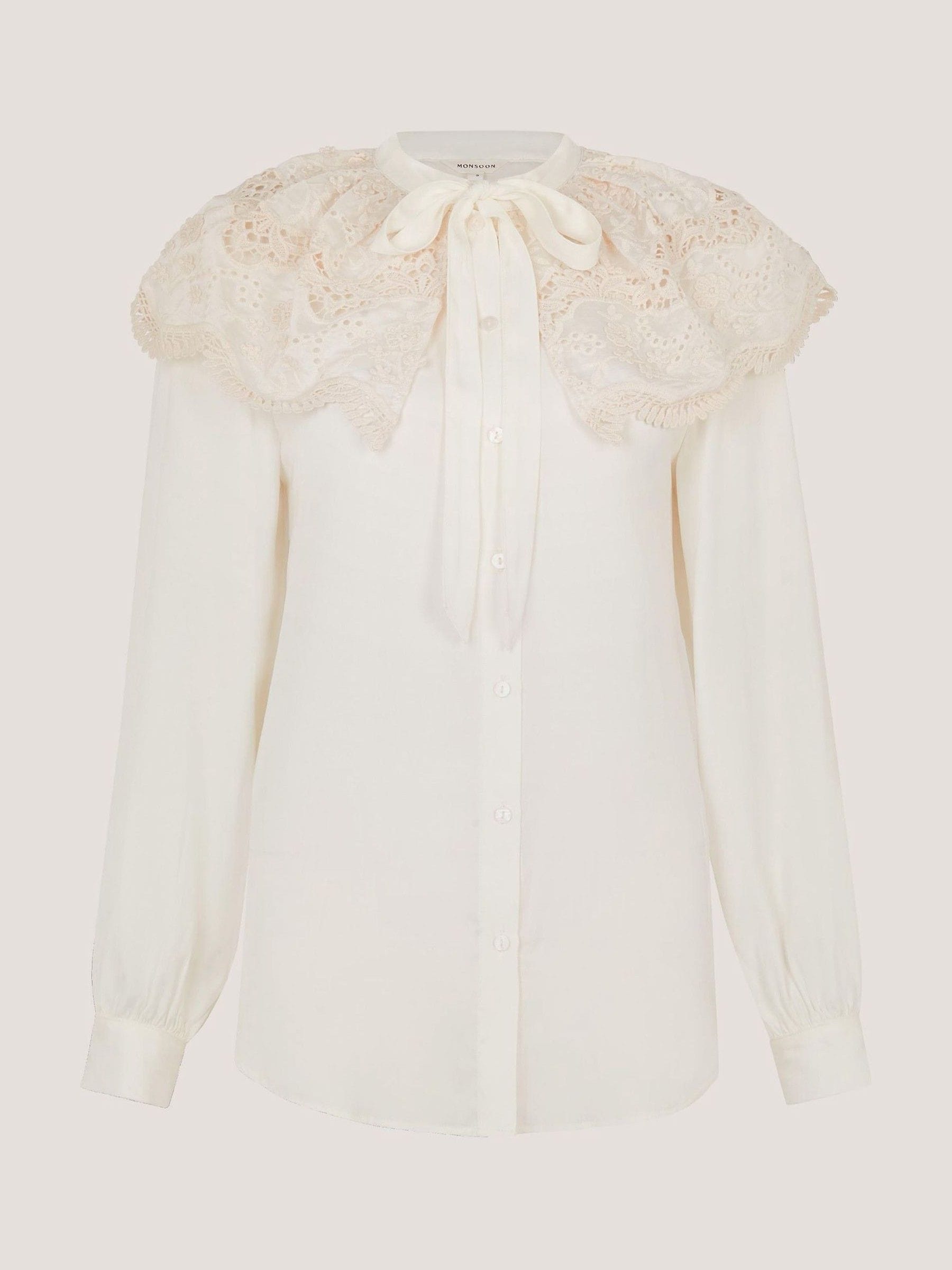 Buy Monsoon Cream Cora Long Sleeve Blouse with Lace Collar & Neck