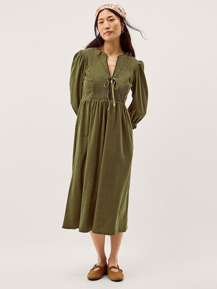 Monsoon Sara Smocked Corduroy Midi Dress - Imaginea 1 din 5