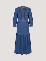 Monsoon Blue Melissa Embroidered Denim Midi Dress - Image 1 of 1