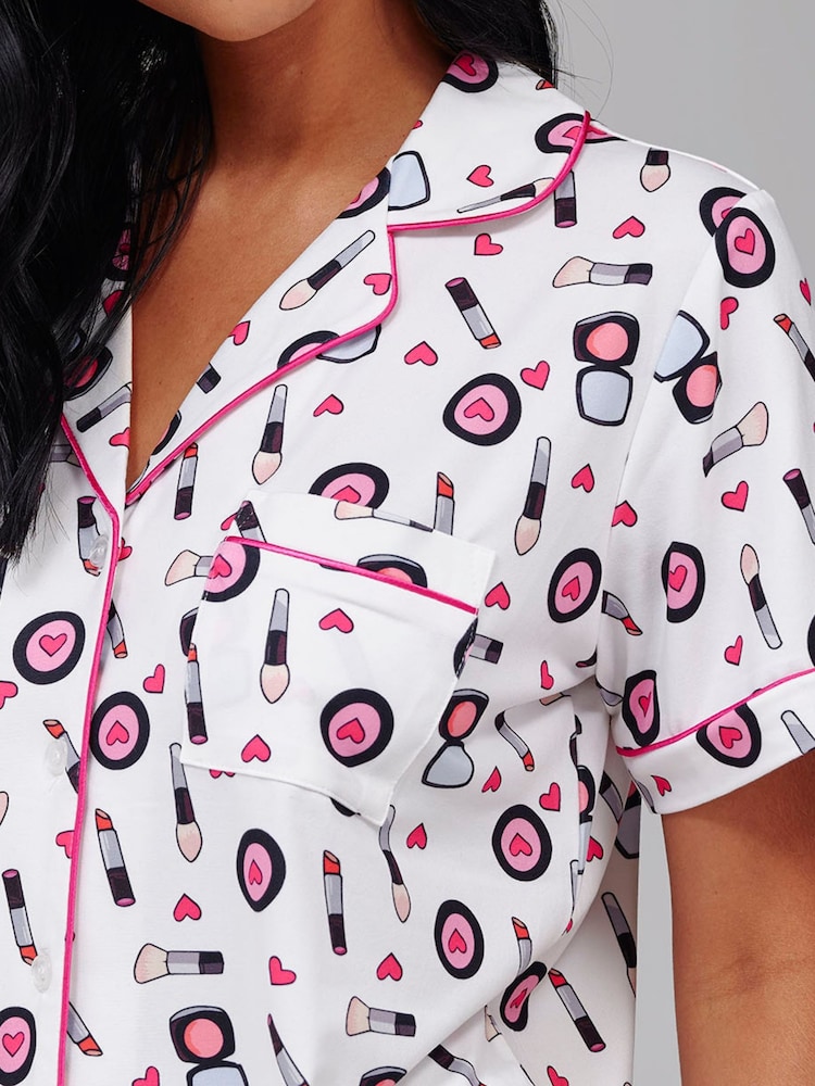 Loungeable Pink Make Up Short Sleeve Shirt And Trousers Button Through Pyjama Set - Image 5 of 5 Loungeable Pink Make Up Short Sleeve Shirt And Trousers Button Through Pyjama Set - Image 5 of 5