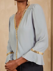 Love & Roses Grey Sequin Trim 3/4 Flute Sleeve Blouse - Image 2 of 4