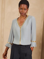 Love & Roses Grey Sequin Trim 3/4 Flute Sleeve Blouse - Image 4 of 4