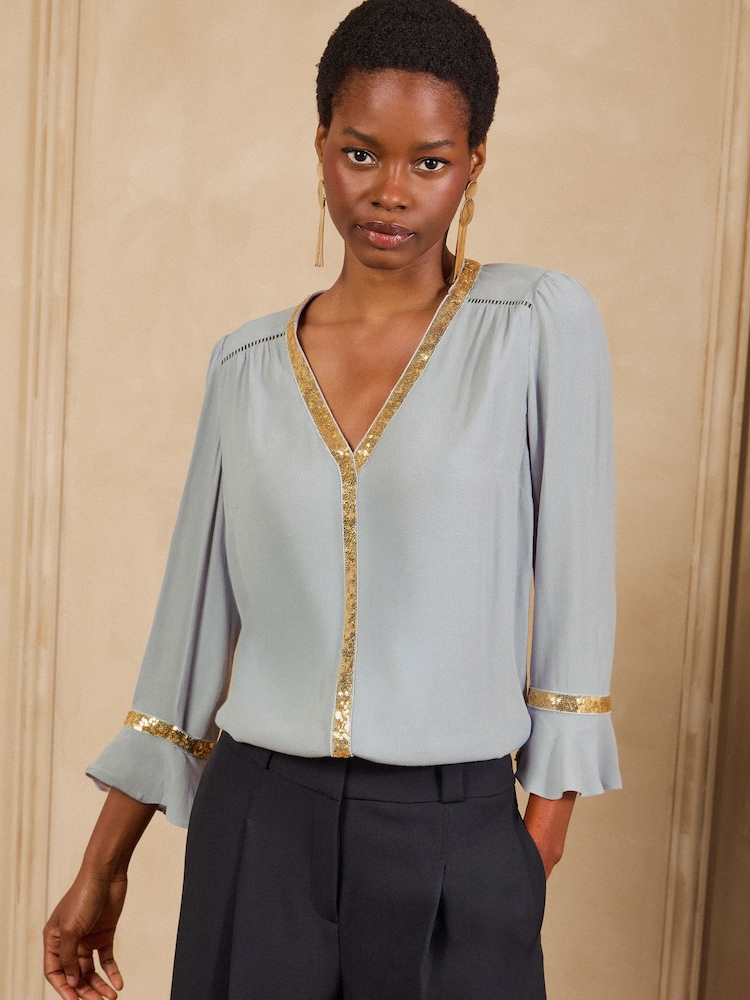 Love & Roses Grey Sequin Trim 3/4 Flute Sleeve Blouse - Image 4 of 4