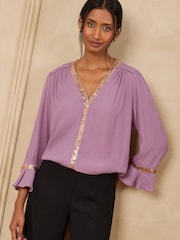 Love & Roses Mulberry Sequin Trim 3/4 Flute Sleeve Blouse - Image 1 of 5