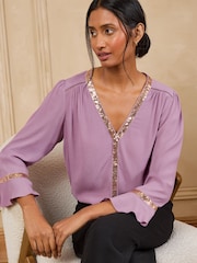 Love & Roses Mulberry Sequin Trim 3/4 Flute Sleeve Blouse - Image 4 of 5