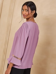 Love & Roses Mulberry Sequin Trim 3/4 Flute Sleeve Blouse - Image 5 of 5