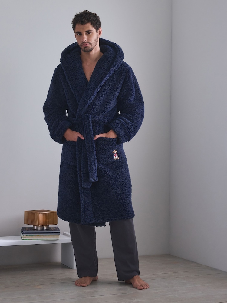Navy Blue Embroidered Borg Dressing Gown - Image 1 of 8