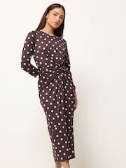 PixieGirl Petite Chocolate Brown Spot Print Twist Waist Maxi Dress - Image 1 of 5