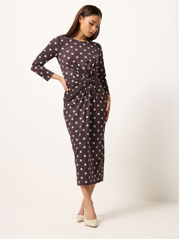 PixieGirl Petite Chocolate Brown Spot Print Twist Waist Maxi Dress - Image 2 of 5 PixieGirl Petite Chocolate Brown Spot Print Twist Waist Maxi Dress - Image 2 of 5