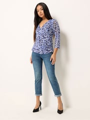 M&Co Blue Petite 3/4 Sleeve Mesh Wrap Top - Image 2 of 5