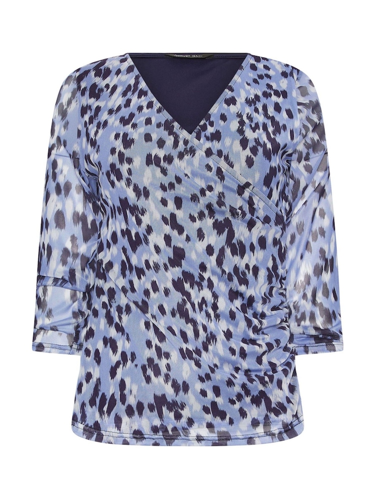 M&Co Blue Petite 3/4 Sleeve Mesh Wrap Top - Image 5 of 5