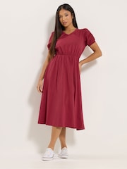 M&Co Purple Petite V-Neck Broderie Sleeve Cotton Midi Dress - Image 1 of 5