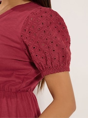 M&Co Purple Petite V-Neck Broderie Sleeve Cotton Midi Dress - Image 4 of 5