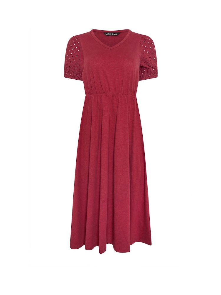 M&Co Purple Petite V-Neck Broderie Sleeve Cotton Midi Dress - Image 5 of 5