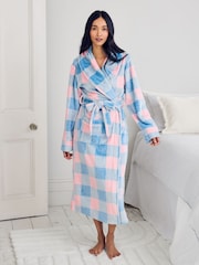 Chelsea Peers Blue Fleece Embroidered Back Do Not Disturb Check Dressing Gown - Image 1 of 5