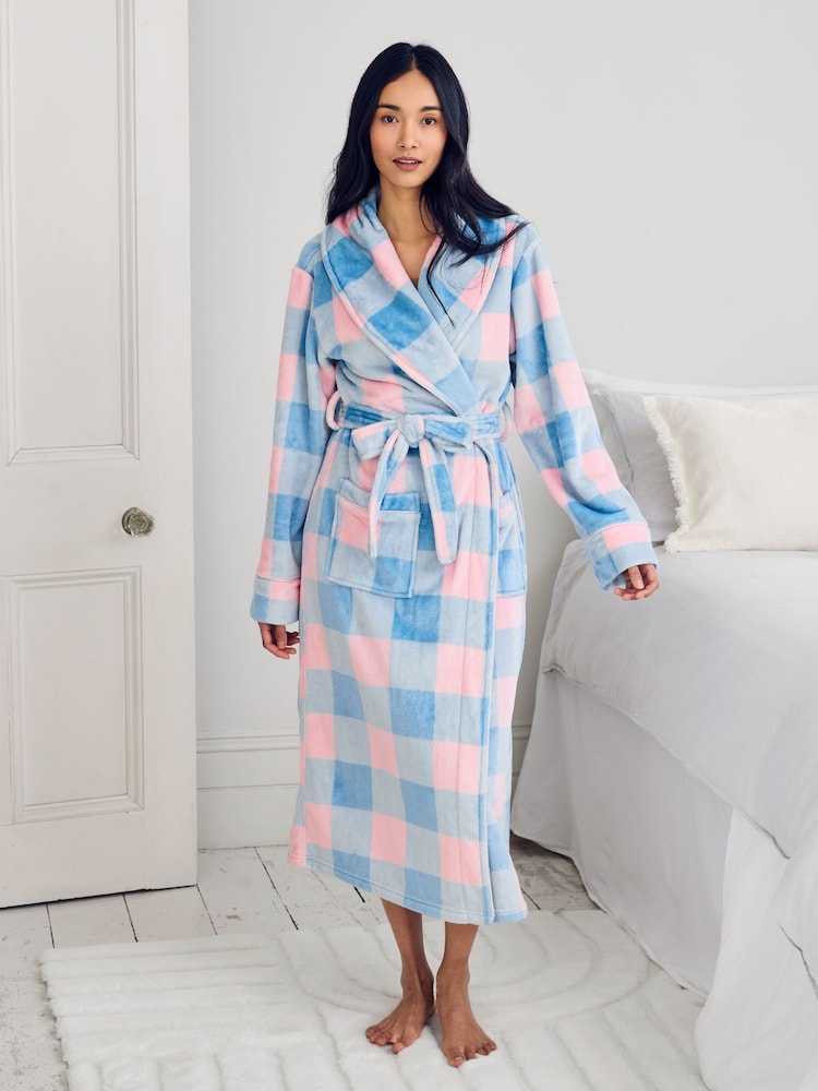 Chelsea Peers Blue Fleece Embroidered Back Do Not Disturb Check Dressing Gown - Image 1 of 5