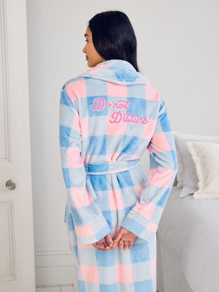 Chelsea Peers Blue Fleece Embroidered Back Do Not Disturb Check Dressing Gown - Image 2 of 5