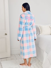 Chelsea Peers Blue Fleece Embroidered Back Do Not Disturb Check Dressing Gown - Image 4 of 5
