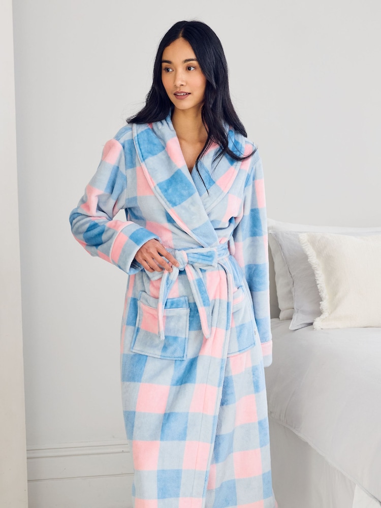 Chelsea Peers Blue Fleece Embroidered Back Do Not Disturb Check Dressing Gown - Image 5 of 5