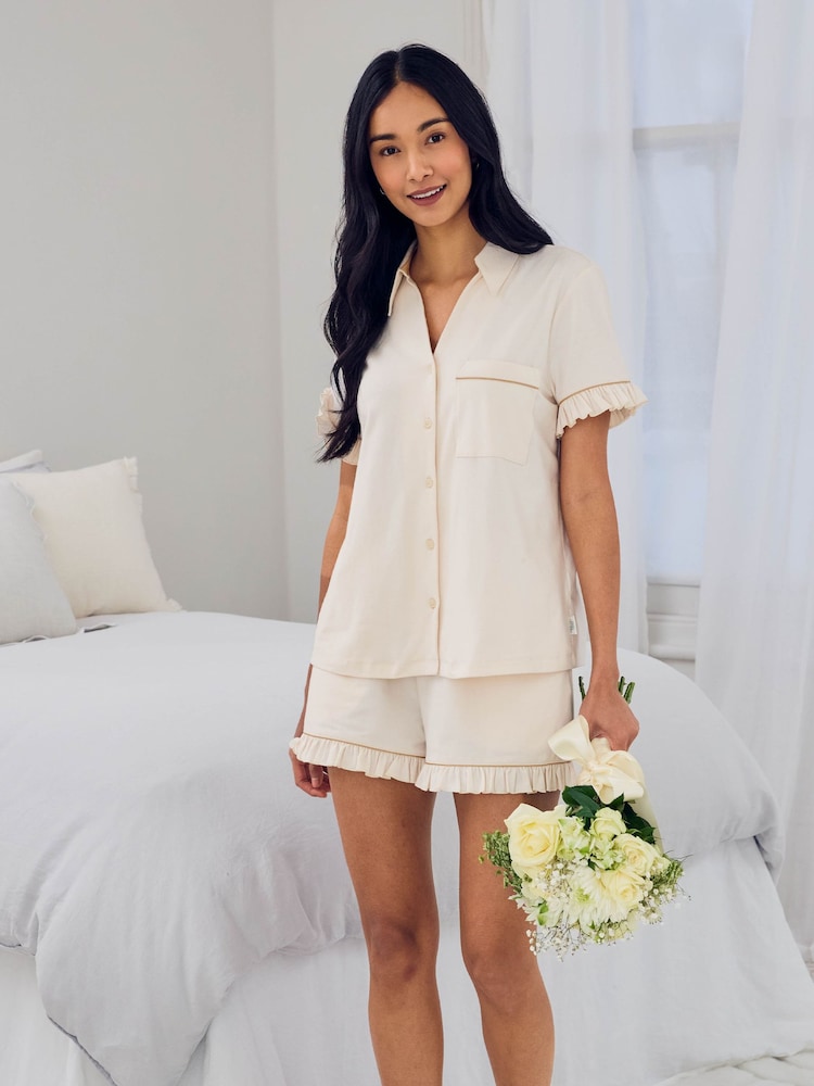 Chelsea Peers Cotton Embroidered Just Married Frill Short Pyjamas Set - صورة 1 من 6