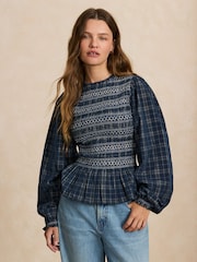 Kariert/Marineblau - Smocked Corduroy Long Sleeve Blouse - Bild 1 von 9