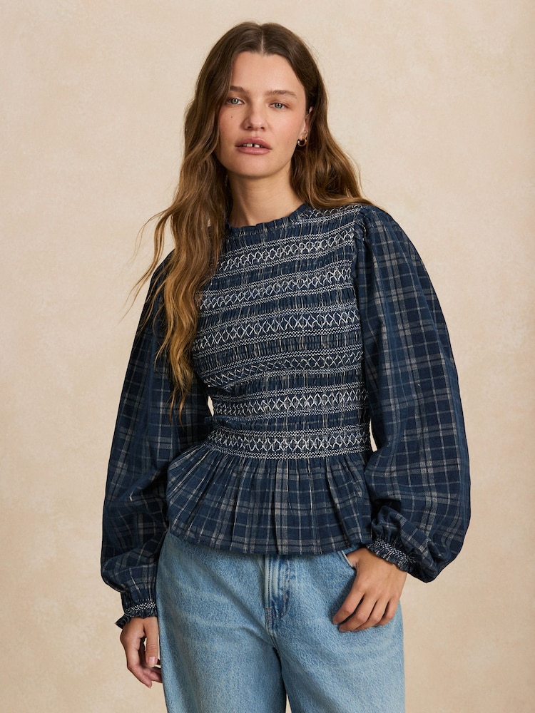 Kariert/Marineblau - Smocked Corduroy Long Sleeve Blouse - Bild 1 von 9