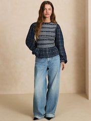 Kariert/Marineblau - Smocked Corduroy Long Sleeve Blouse - Bild 2 von 9