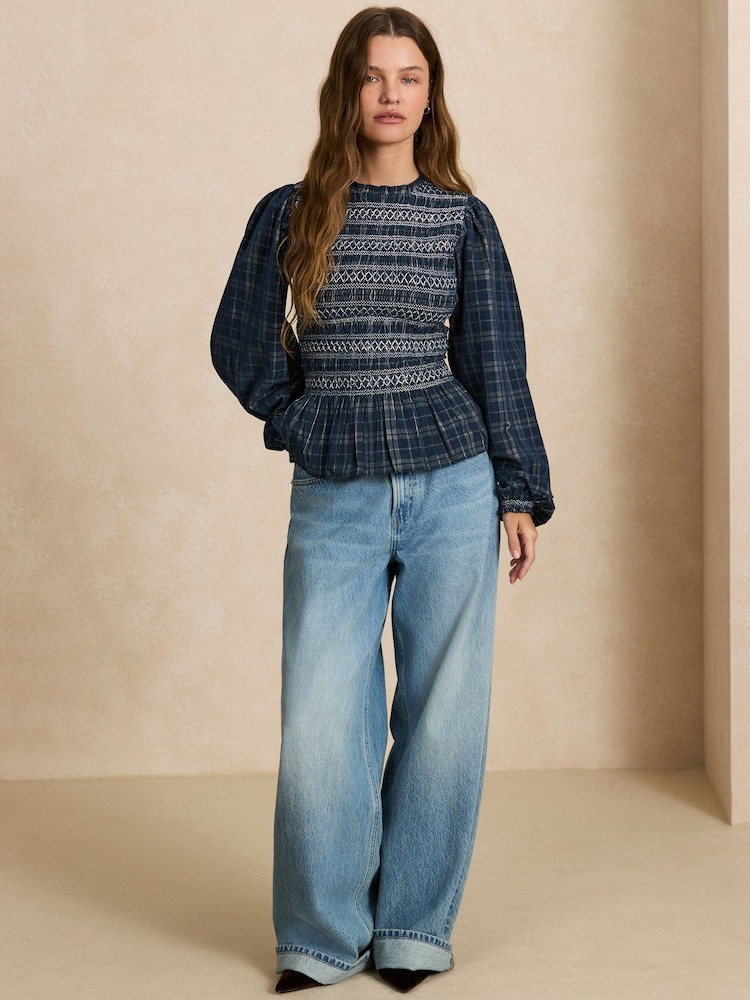 Kariert/Marineblau - Smocked Corduroy Long Sleeve Blouse - Bild 2 von 9