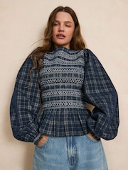 Kariert/Marineblau - Smocked Corduroy Long Sleeve Blouse - Bild 3 von 9