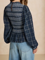 Kariert/Marineblau - Smocked Corduroy Long Sleeve Blouse - Bild 4 von 9