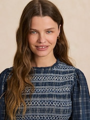 Kariert/Marineblau - Smocked Corduroy Long Sleeve Blouse - Bild 5 von 9