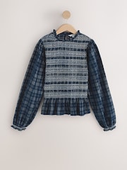 Kariert/Marineblau - Smocked Corduroy Long Sleeve Blouse - Bild 6 von 9