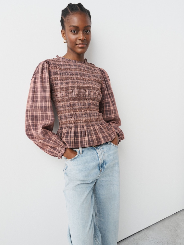 Dusty Pink Check - Smocked Corduroy Long Sleeve Blouse - Bild 1 von 6
