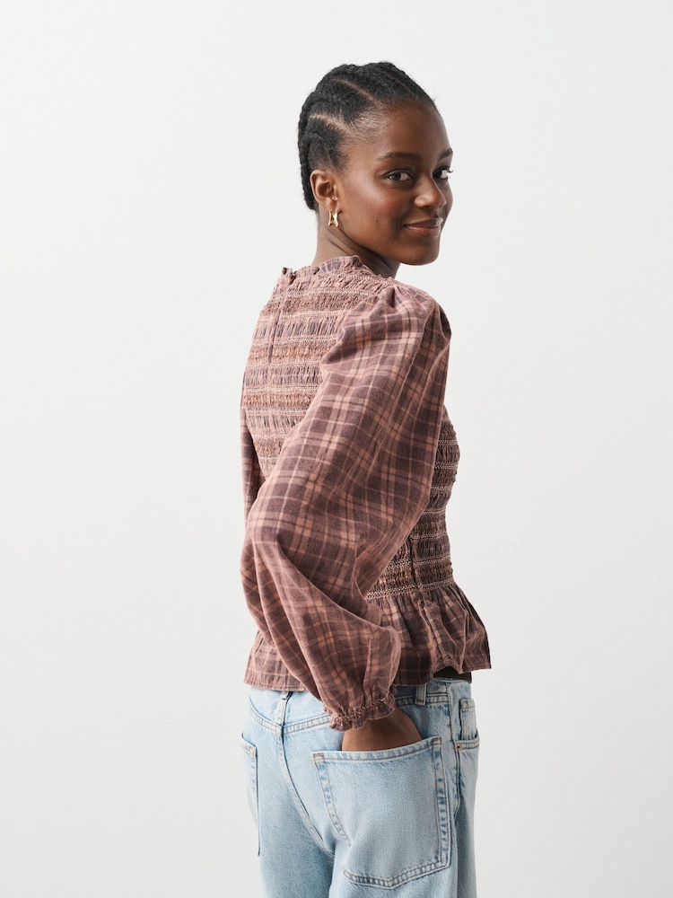 Dusty Pink Check - Smocked Corduroy Long Sleeve Blouse - Bild 2 von 6