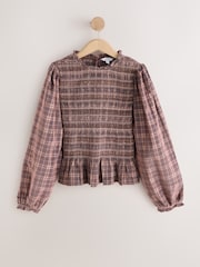 Dusty Pink Check - Smocked Corduroy Long Sleeve Blouse - Bild 4 von 6
