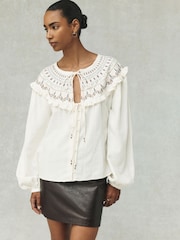 Ecru National Trust x Next Embroidered Collar Long Sleeve Blouse - Image 1 of 8
