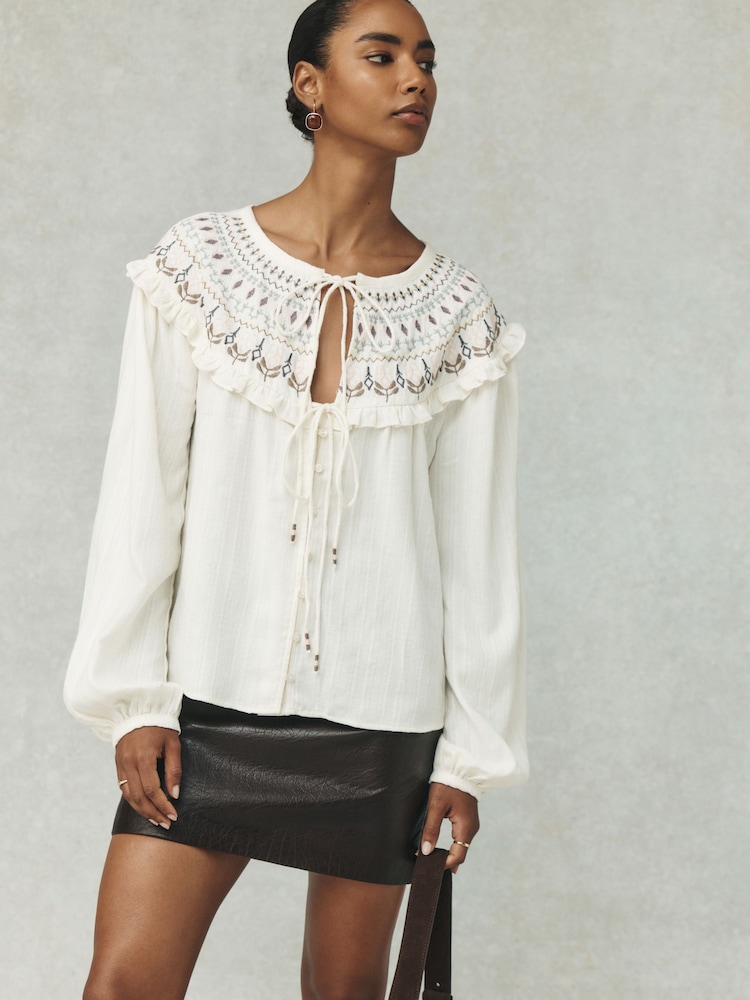 Ecru National Trust x Next Embroidered Collar Long Sleeve Blouse - Image 2 of 8 Ecru National Trust x Next Embroidered Collar Long Sleeve Blouse - Image 2 of 8