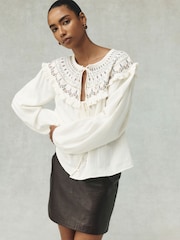 Ecru National Trust x Next Embroidered Collar Long Sleeve Blouse - Image 3 of 8
