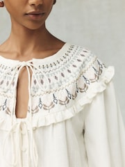Ecru National Trust x Next Embroidered Collar Long Sleeve Blouse - Image 5 of 8