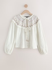 Ecru National Trust x Next Embroidered Collar Long Sleeve Blouse - Image 6 of 8
