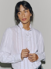White Piecrust Collar Tie Detail Long Sleeve Blouse - Image 5 of 8