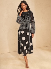 Love & Roses Black Spot Chiffon Godet Skirt Midi Dress - Image 1 of 4