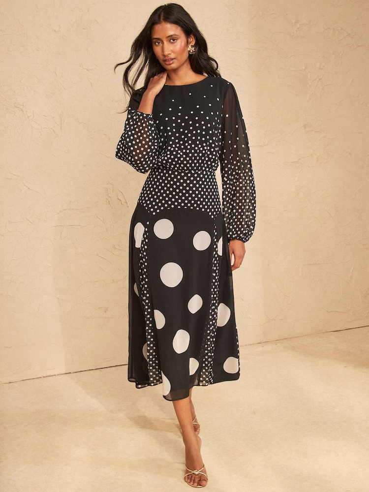 Love & Roses Black Spot Chiffon Godet Skirt Midi Dress - Image 1 of 4