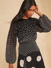 Love & Roses Black Spot Chiffon Godet Skirt Midi Dress - Image 2 of 4