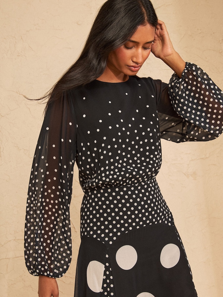 Love & Roses Black Spot Chiffon Godet Skirt Midi Dress - Image 2 of 4