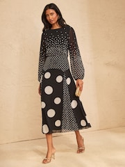 Love & Roses Black Spot Chiffon Godet Skirt Midi Dress - Image 3 of 4
