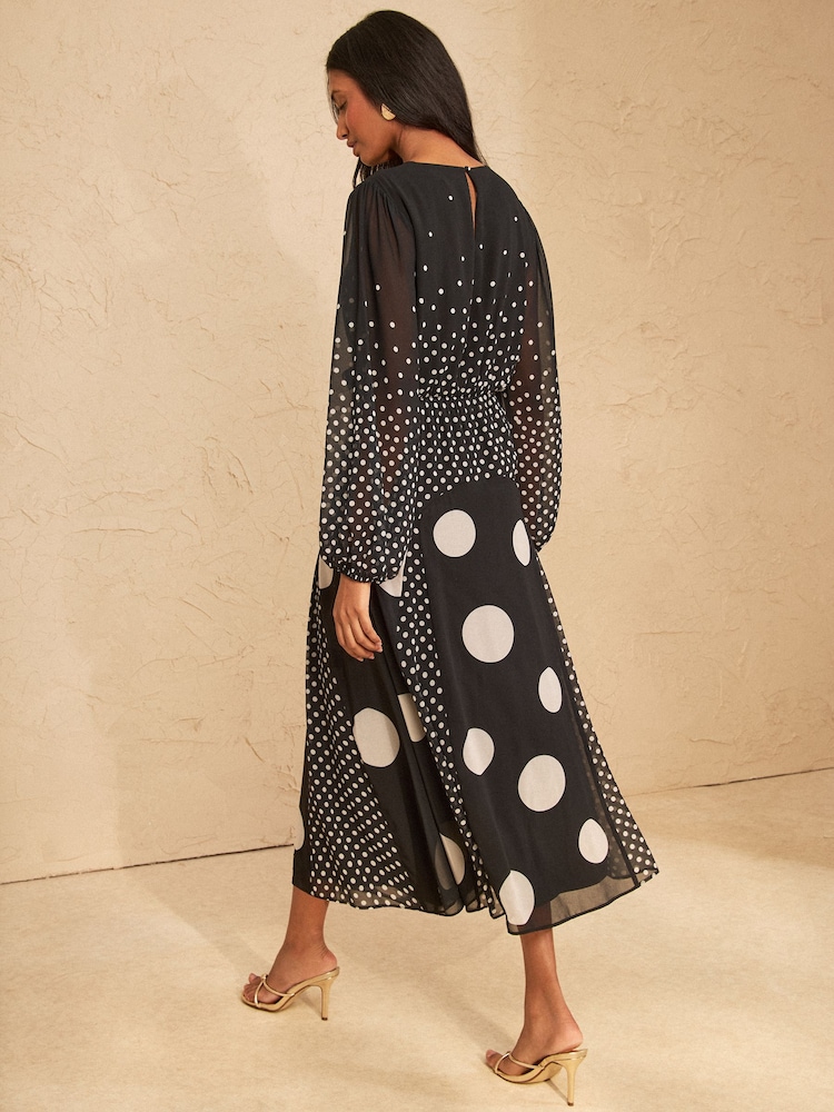 Love & Roses Black Spot Chiffon Godet Skirt Midi Dress - Image 4 of 4