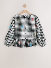 Black/White Gingham Embroidered Dog Print Peplum Long Sleeve Blouse - Image 1 of 3